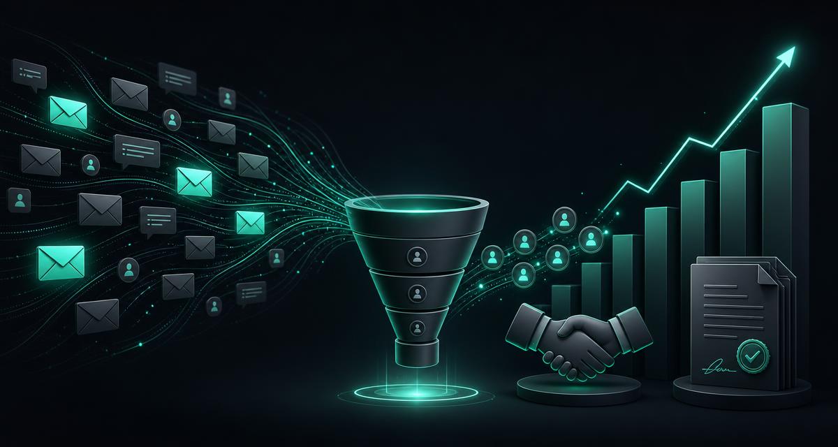 Email outreach pipeline: messages flow into a CRM funnel and convert into closed deals